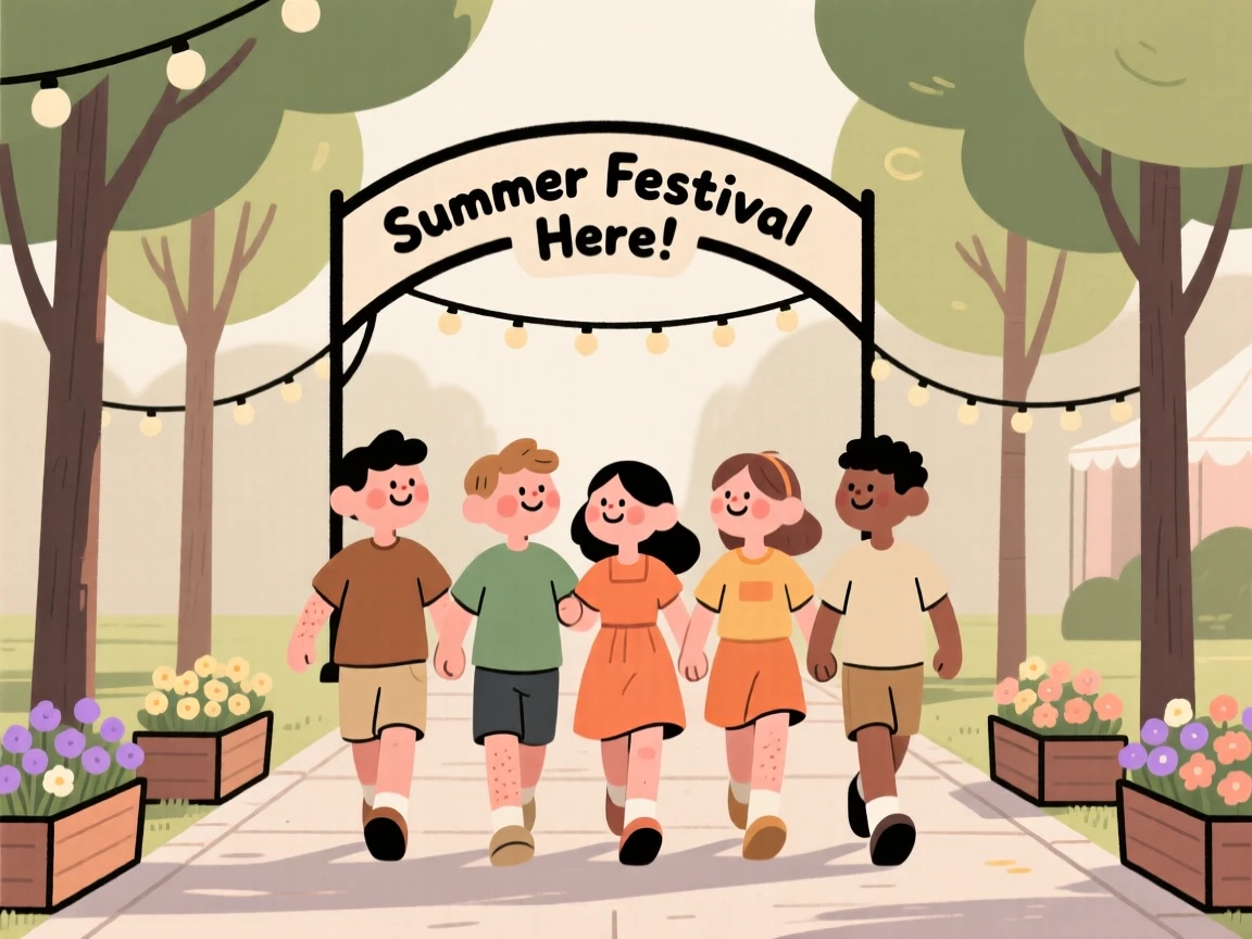 A group of friends link arms and walk down a tree-lined avenue lined with blooming flower boxes, heading toward a summer festival.