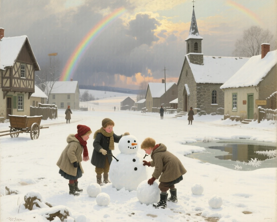 A broad landscape view of children building a snowman in a snow-covered village square, under a rainbow after a storm, in the 1890s.