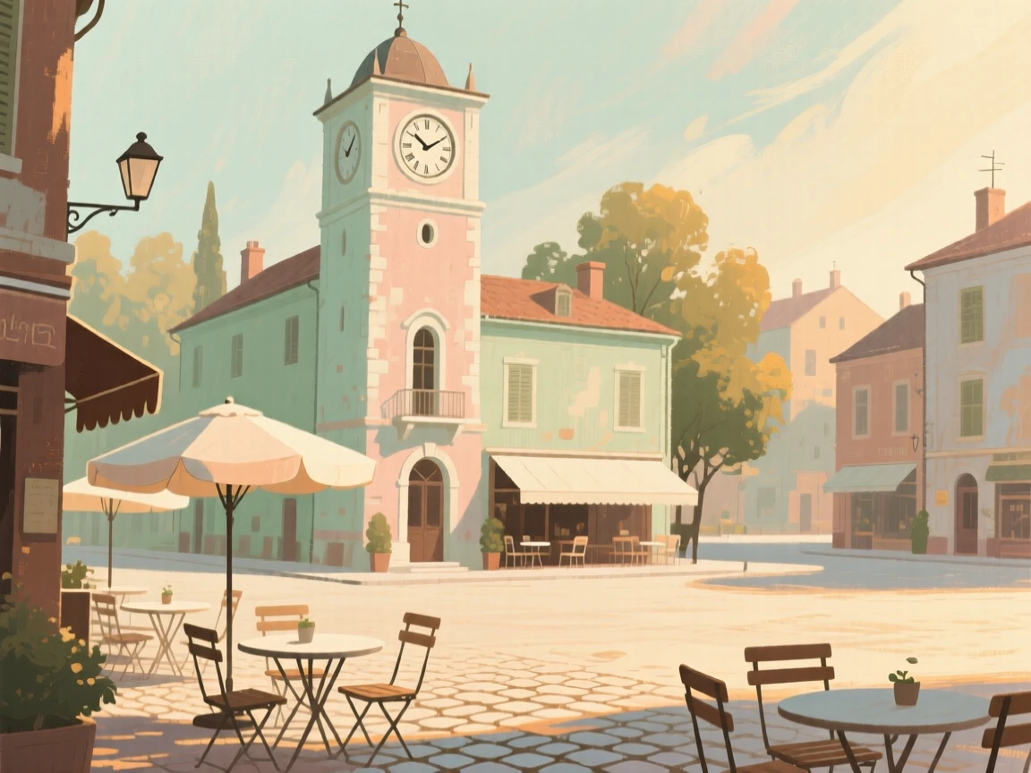 A quiet square where an old clock tower overlooks a cafe terrace