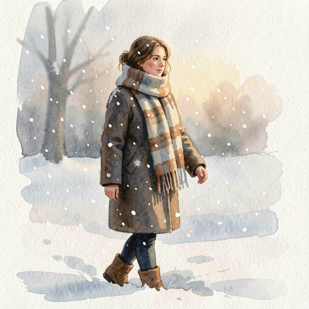 A woman wrapped in a warm scarf walking through falling snow with gentle shadows and warm tones.