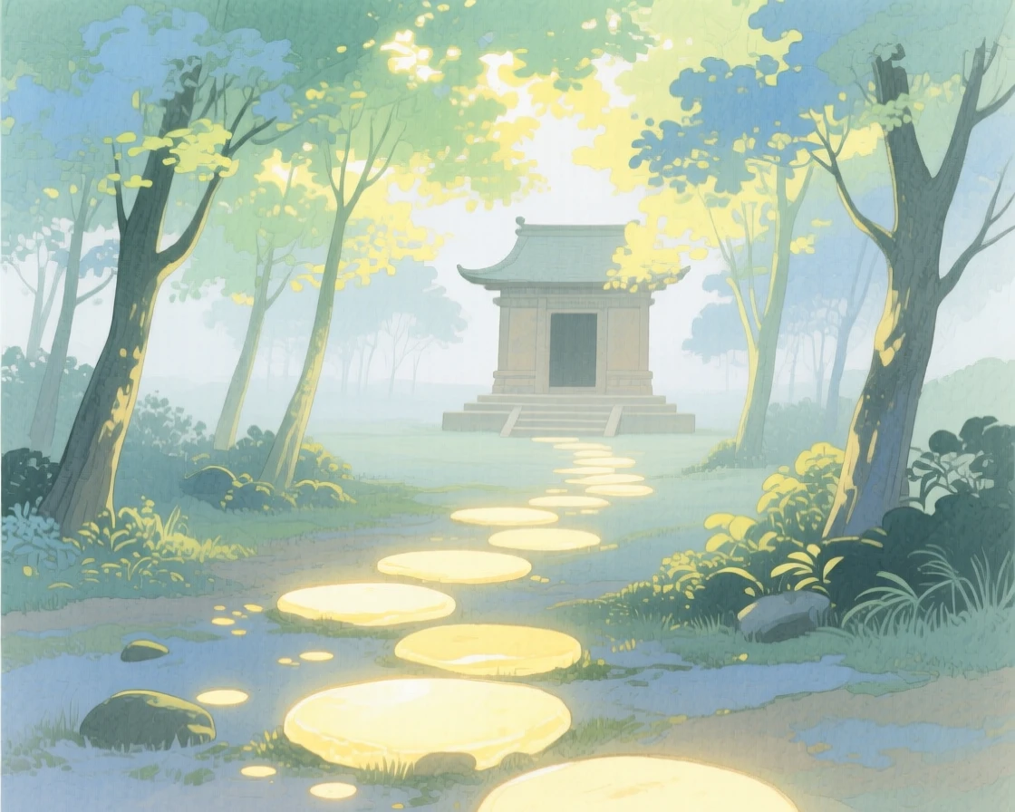 A pathway of stepping stones glows softly beneath a canopy of luminous trees leading toward a hidden temple