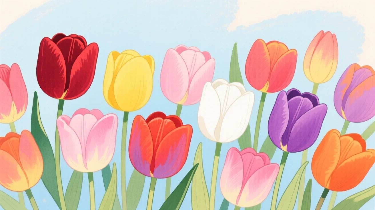 A close-up of a bed of tulips in every color.