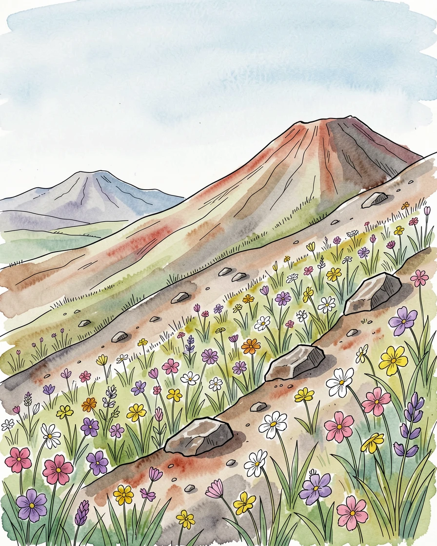 A volcanic hillside covered in wildflowers after a spring rain, a sense of calm and vastness filling the open space.