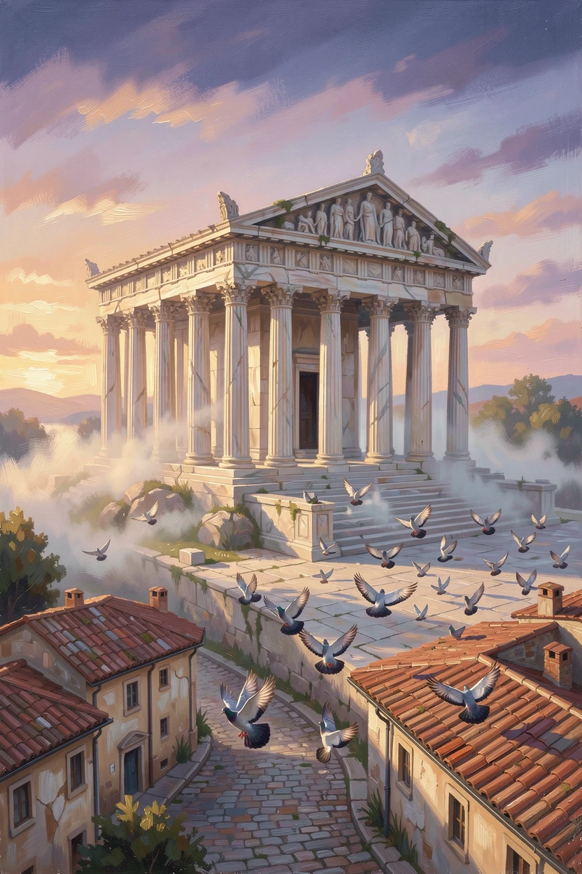 At sunrise, mist clinging to its ancient stones, a classical marble temple with towering columns, atop a hill overlooking a sprawling old town, a flock of pigeons scattering across the plaza.