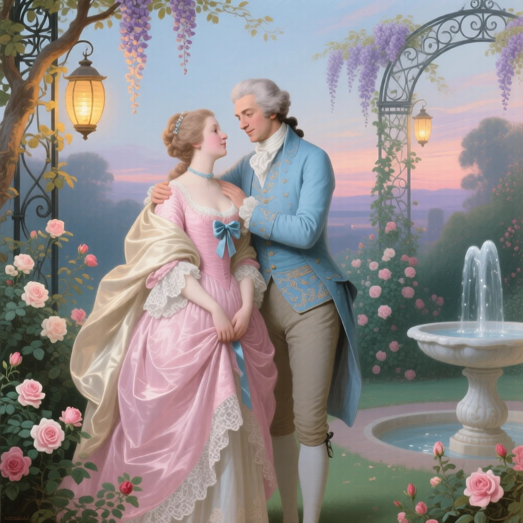 A gentleman placing his cloak around a lady during a cool garden evening  