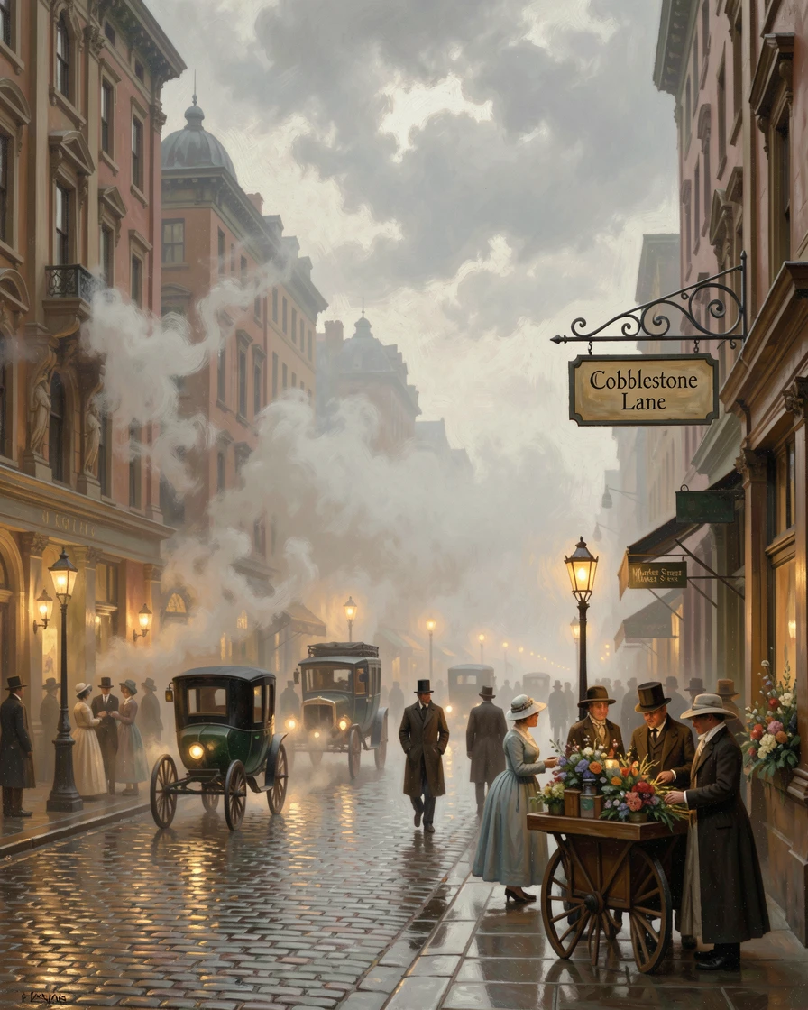 Gaslit streets bustle with carriages and pedestrians on a foggy evening.