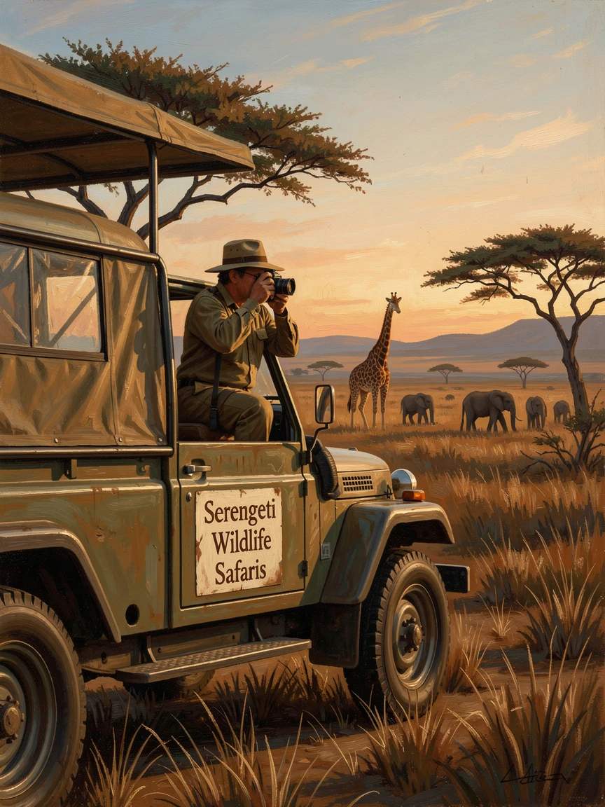 A traveler photographing wildlife from a safari vehicle at golden hour, with rich environmental detail immersing the viewer in the destination, designed to transport the viewer straight into the journey