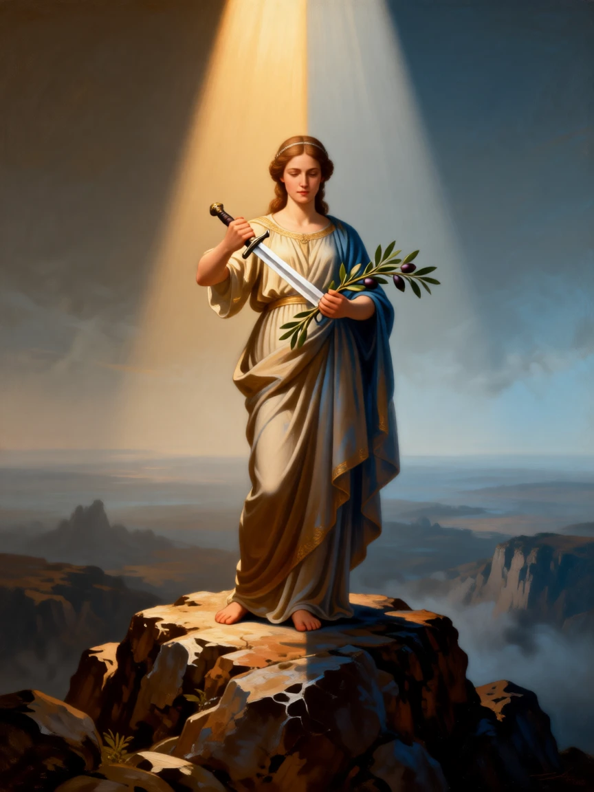 The allegory of Peace breaking a sword over an olive branch as light and shadow embody opposing truths, set atop a rocky promontory overlooking a vast unknown, with a single ray of light illuminating the central symbolic gesture; contrasting light and shadow divide the canvas into meaningful halves, suggesting hope, transformation, and the endurance of the human spirit.