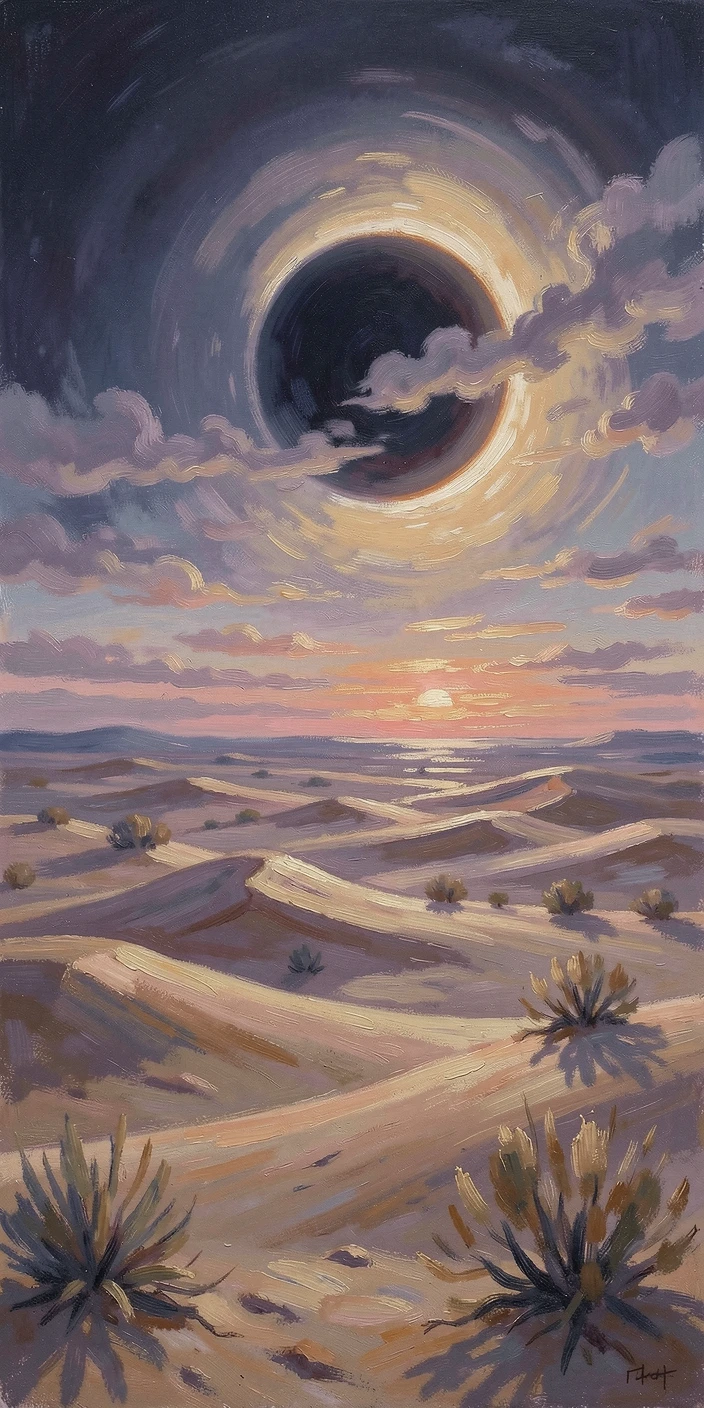 A total solar eclipse casting an eerie twilight over a silent desert landscape, as the first light of dawn breaks.