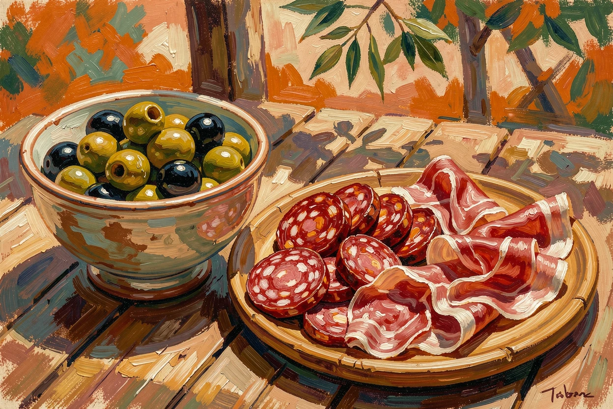 A bowl of olives and a plate of cured meats arranged on a rustic Mediterranean table.