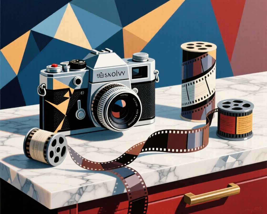 An elegant still life featuring a vintage camera and film rolls on a marble countertop with soft shadows.