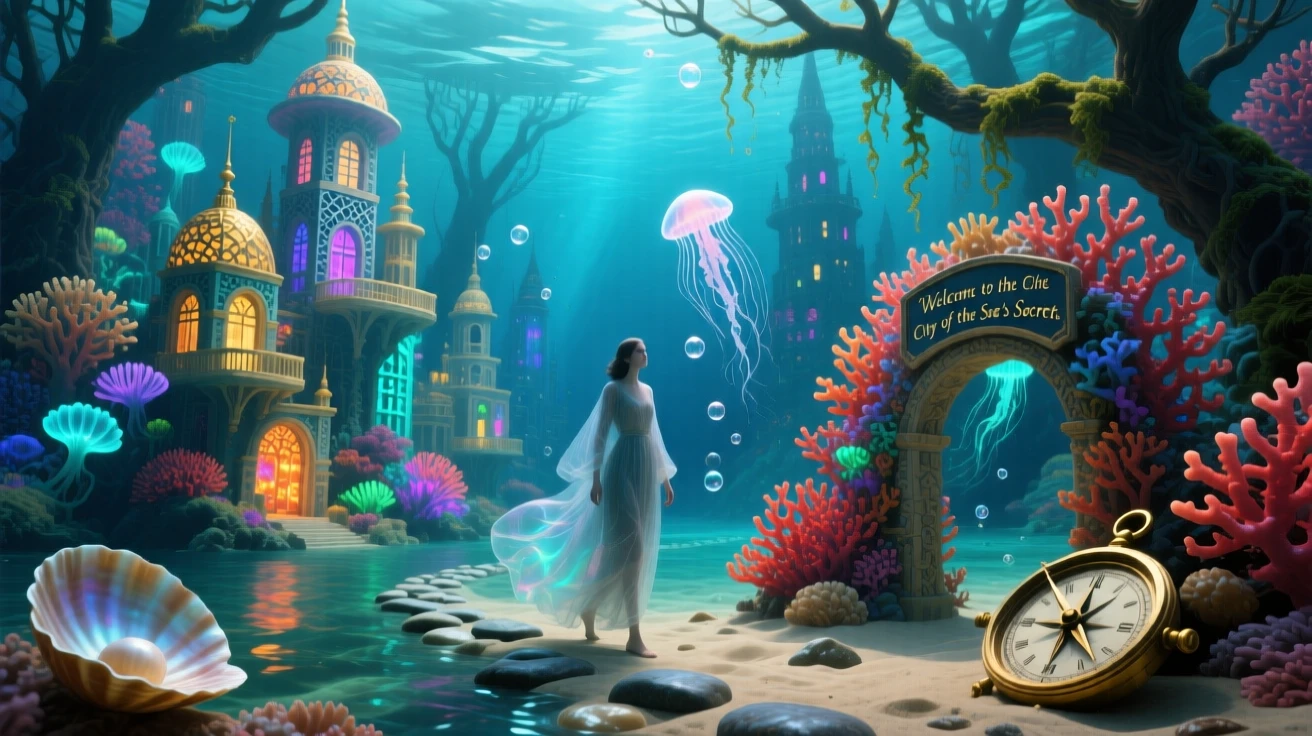 An underwater forest of coral shaped like miniature cities seems to breathe slowly in and out with the wind, while a lone figure walks quietly through its heart.