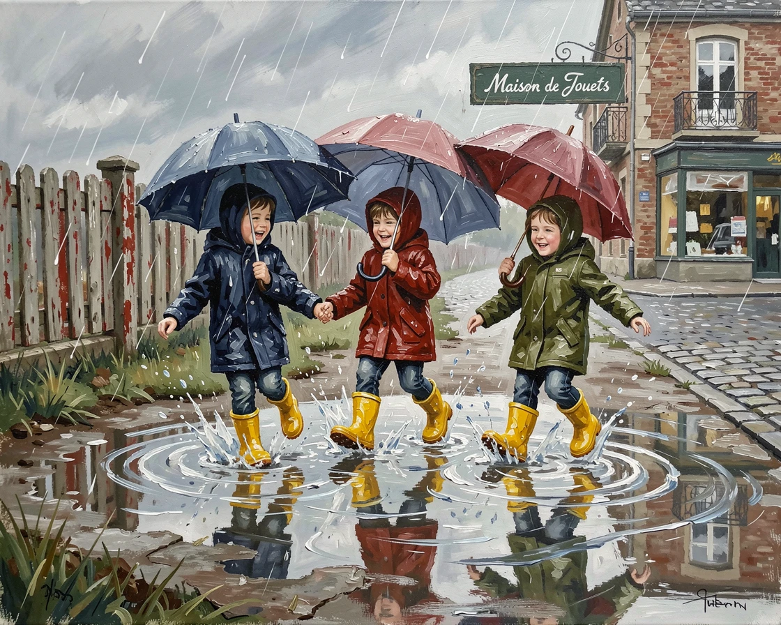 A group of children splash joyfully through rain puddles in bright yellow rain boots on a gray afternoon, their surroundings offering subtle clues about culture, place, and the moment being lived.