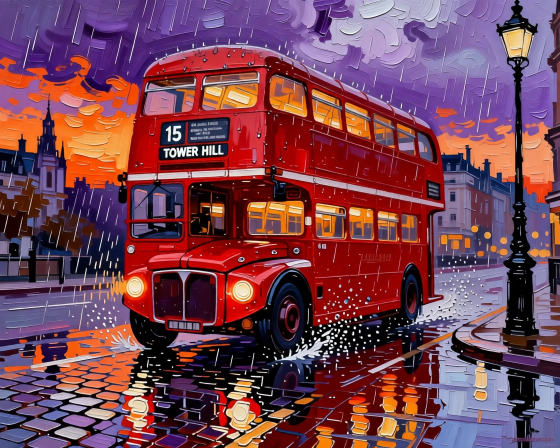 A classic double-decker bus crossing a rain-slicked London street at dusk
