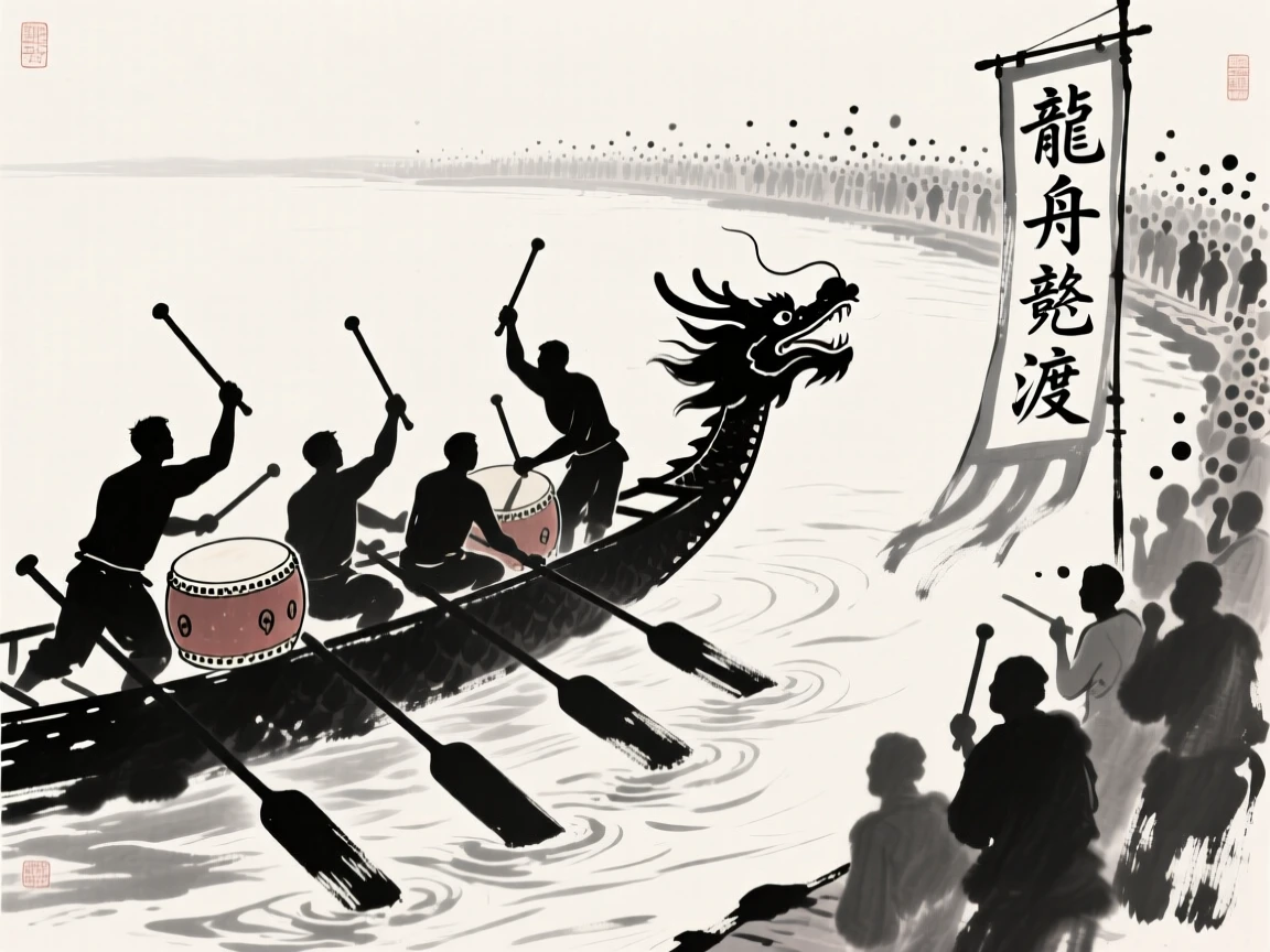 Drummers keep rhythm at the bow of a dragon boat as oars strike the water in unison, as the crowd's cheers echo along the riverbank.