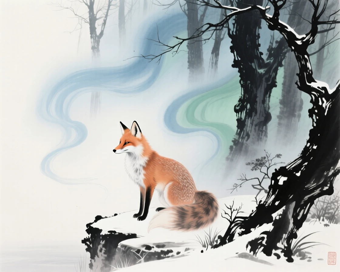 A spirit fox pausing at the edge of an enchanted misty forest, as winter frost settles.