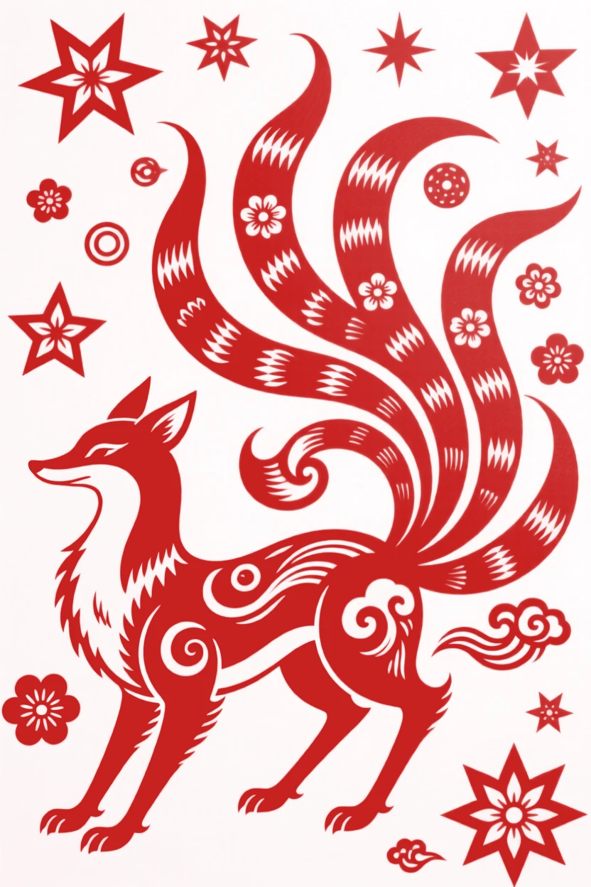 A spirit fox with nine tails, spiraling upward toward a sky full of unfamiliar stars, wrapped in an aura of timeless wonder.