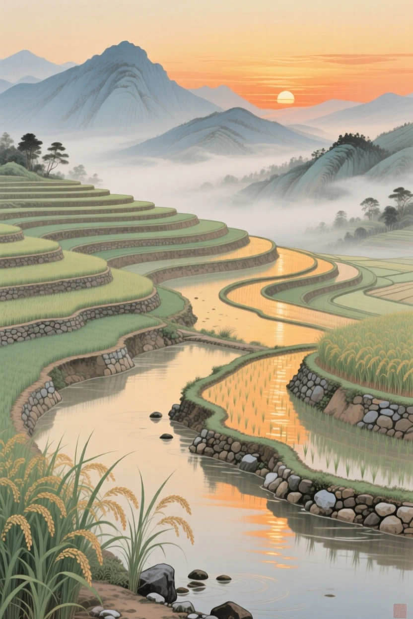 A terraced rice paddy reflecting the sunset, with distant peaks fading into layers of mist