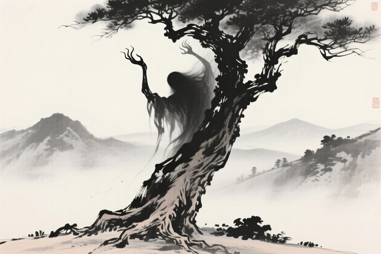 An ancient tree spirit with branches like reaching arms above a mist-shrouded mountain range, balanced with soft negative space around the central figure, carrying a sense of magic woven into the natural world.