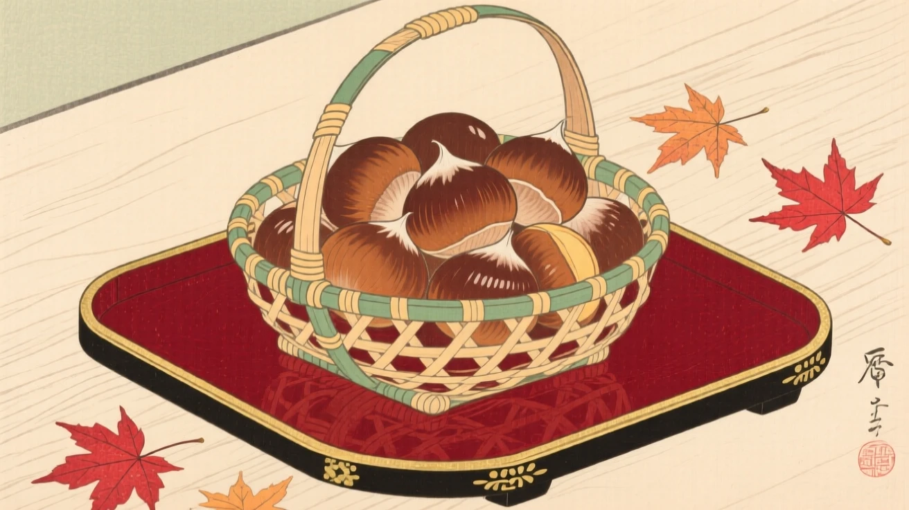 A woven basket of autumn chestnuts arranged on a lacquered wooden tray.