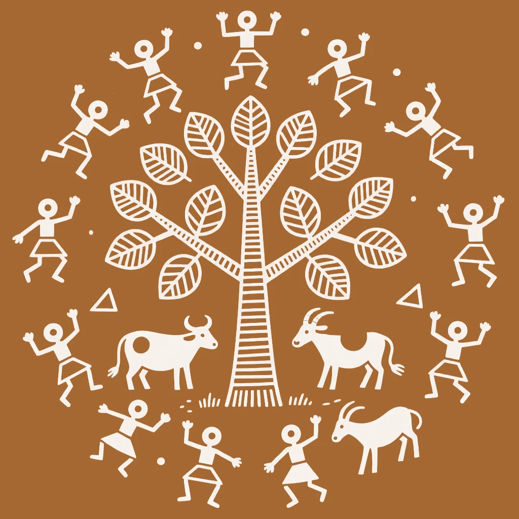 A composition centered on a tree of life surrounded by dancing figures and grazing animals.