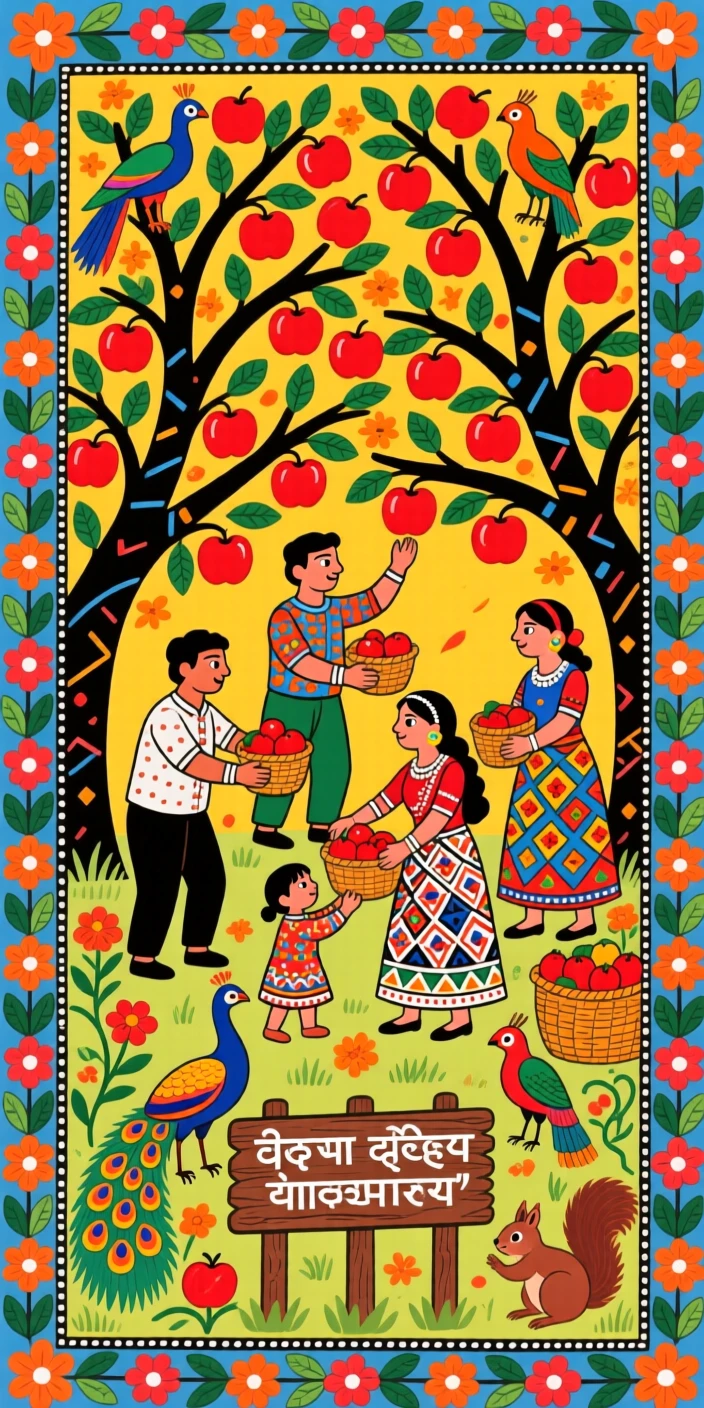 A community gathering to harvest apples together in early autumn.