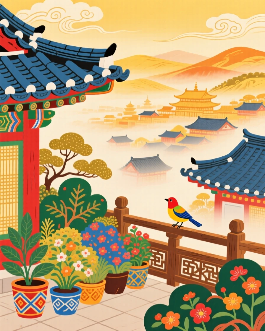 A palace rooftop garden overlooking a kingdom wrapped in soft golden mist.