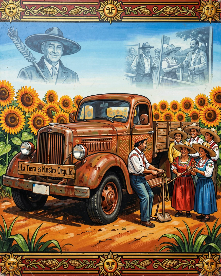 A rustic farm truck parked beside a field of sunflowers