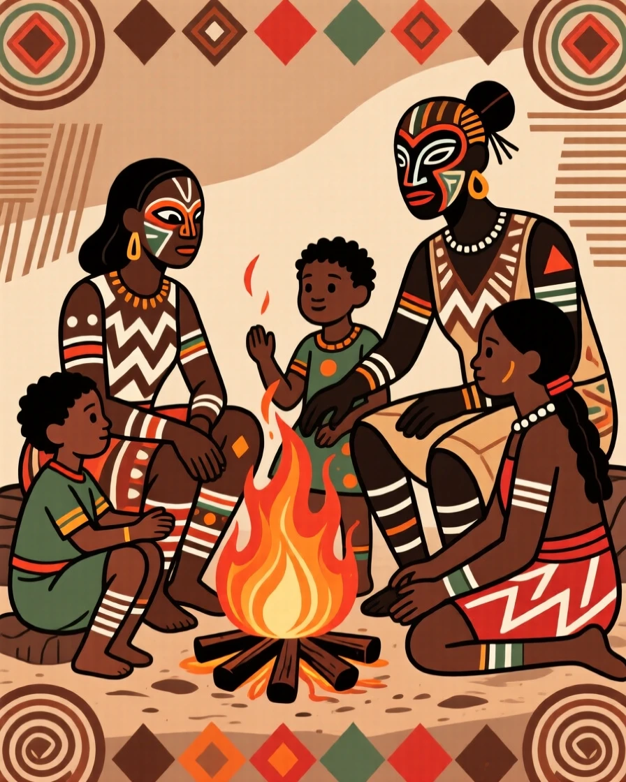 A family gathered around a cooking fire.