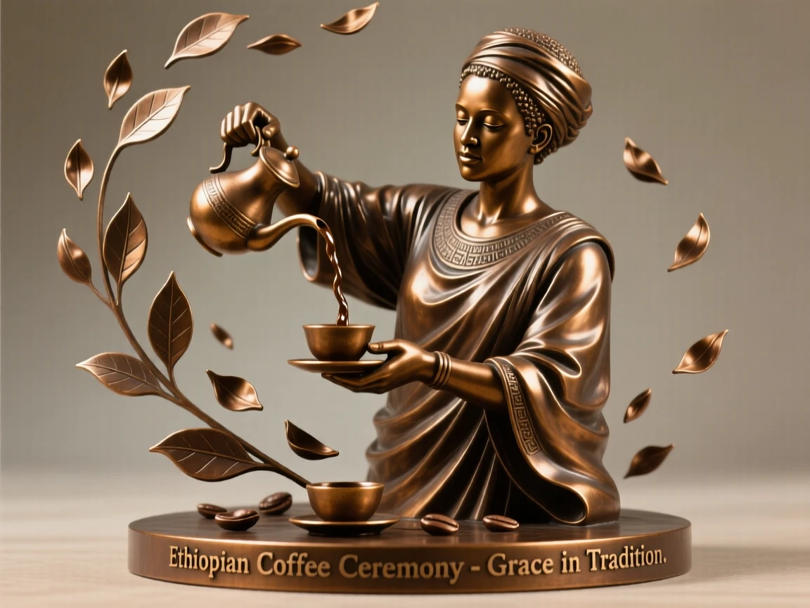 An ethiopian coffee ceremony host pouring with grace, surrounded by falling petals or leaves, forming a strong central focal point