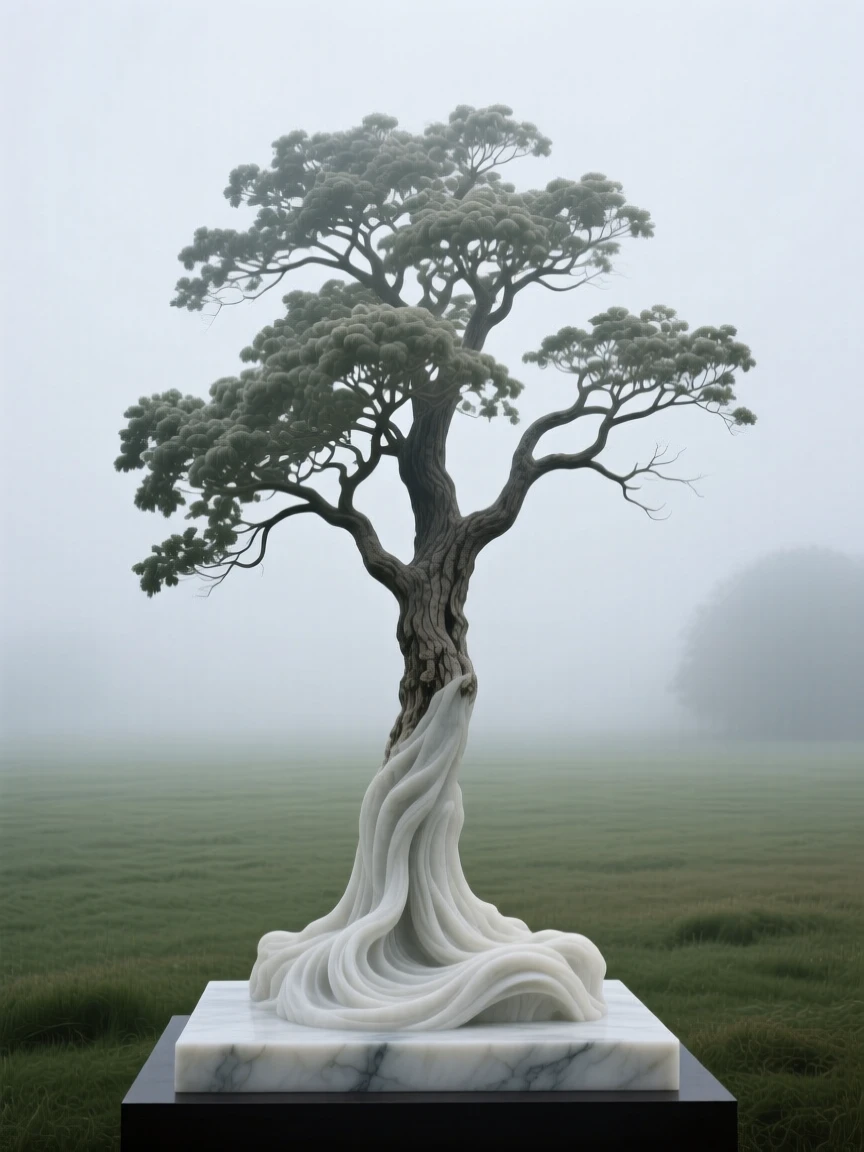 An evocative depiction of a solitary tree standing in a misty field, captured with cinematic depth and detail, balancing detail with emotional depth