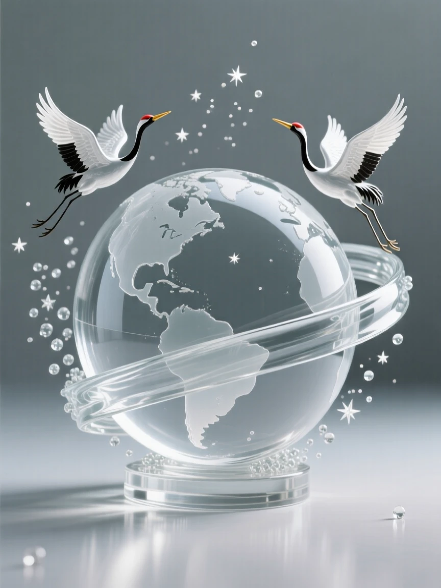 A globe encircled by a ribbon of migrating cranes while small particles drift upward like scattered stars