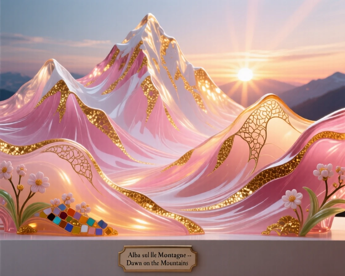 A grand mountain range glowing the deepest pink and gold at the very first light of dawn, majestic and vast.