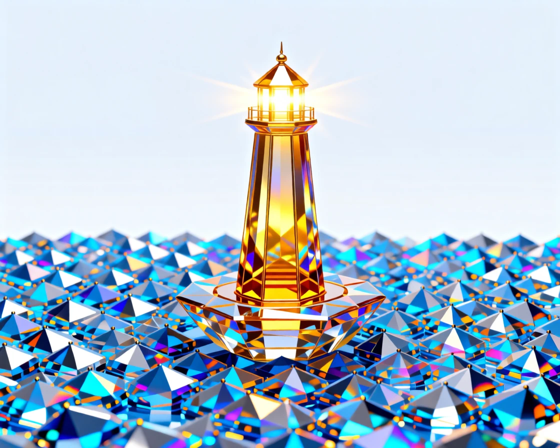 A dreamlike ocean of stars with a single glowing lighthouse floating above.