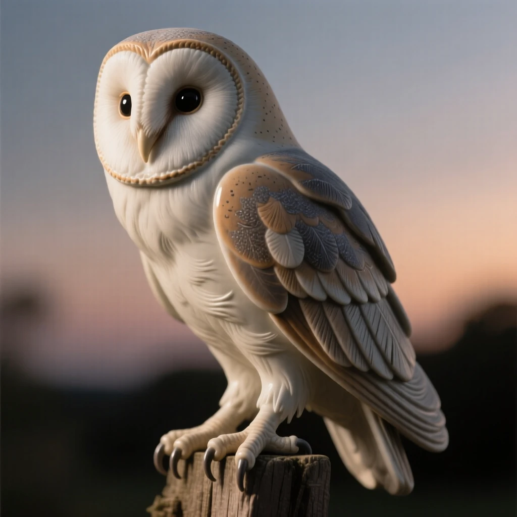 A barn owl gliding silently at dusk perched gracefully in a moment of stillness, its feathers ruffled gently by the wind, stirring quiet joy and gentle wonder.