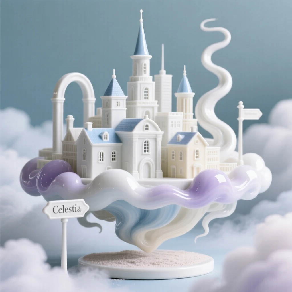 A dreamlike scene of a city floating among the clouds, balanced between the familiar and the fantastical.