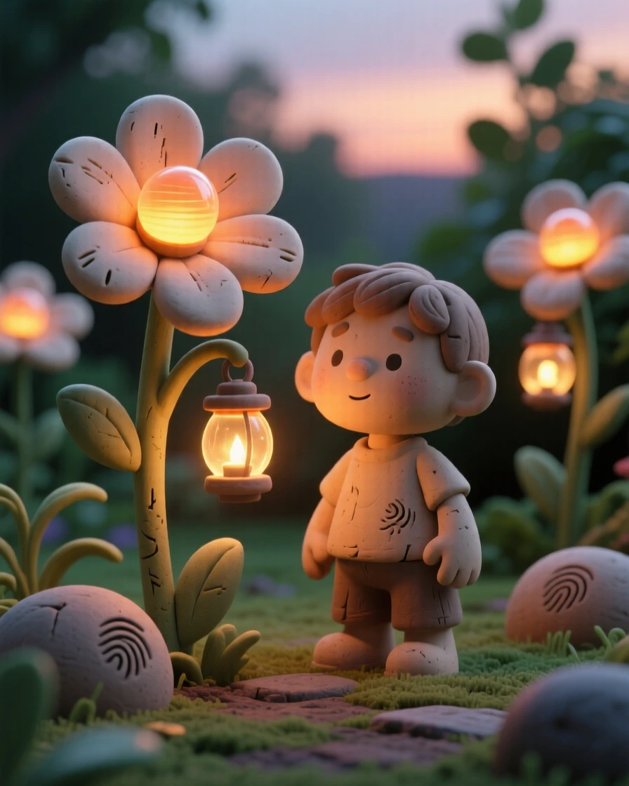 A garden where flowers bloom into tiny glowing lanterns at dusk