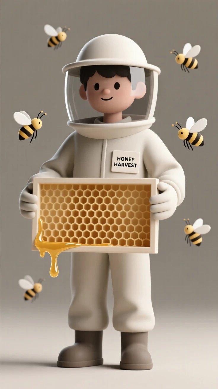A proud young beekeeper carefully lifts a frame dripping with golden honeycomb, bees calmly resting nearby.