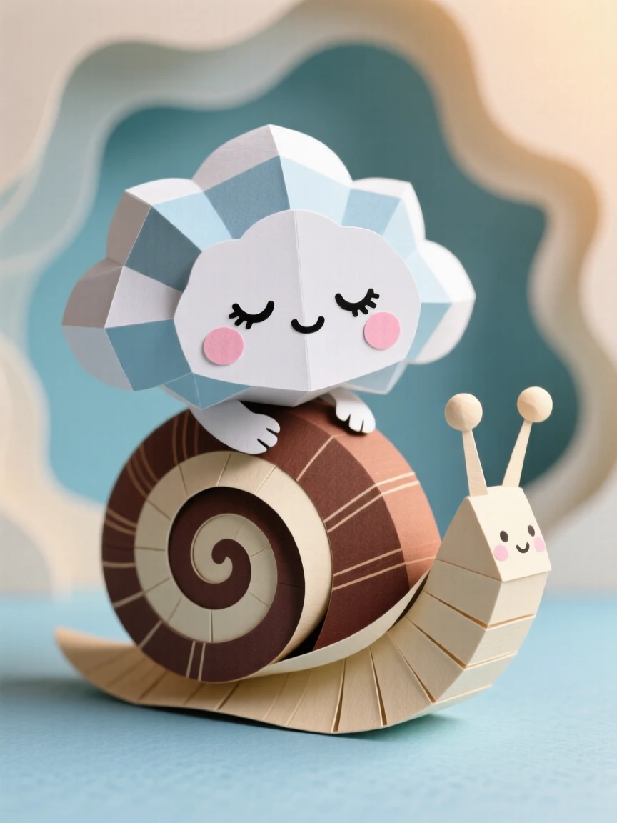 A sleepy cloud creature riding on the back of a friendly snail, with a soft warm glow surrounding it, capturing pure adorable innocence.