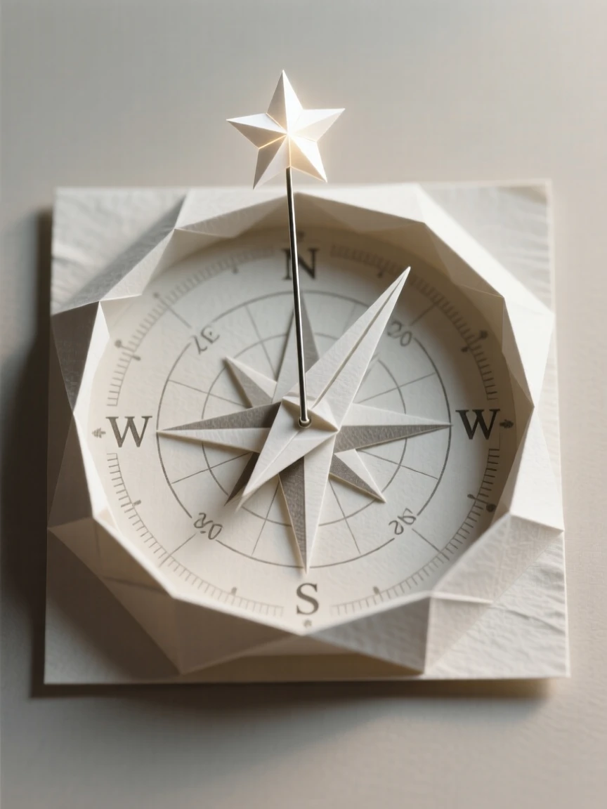 A single compass whose needle points toward a tiny glowing star instead of north.