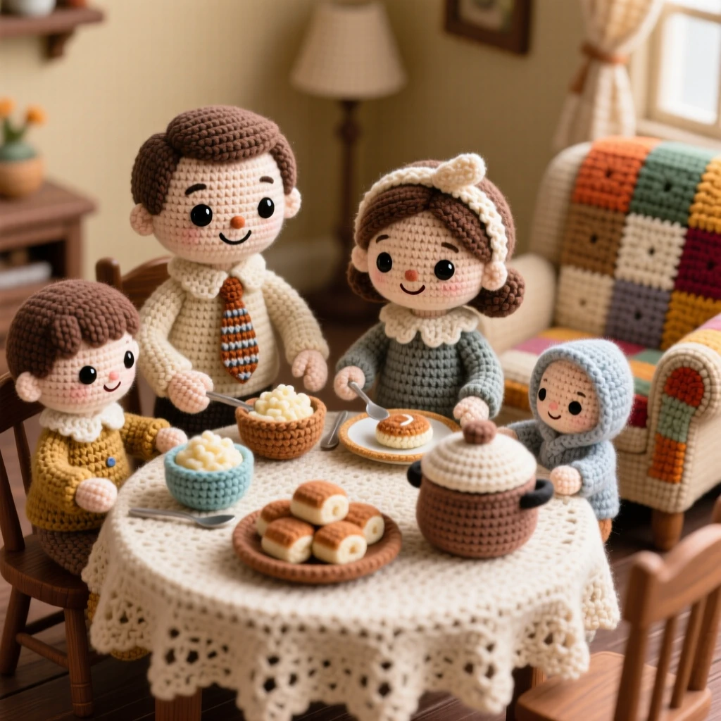 a family gathered around a table for a meal, passing dishes with warm smiles, is captured sharing a moment of quiet togetherness in a warm dining room set for a family gathering beside a warm quilt draped over a nearby chair, showing warm nostalgia and gentle family tradition.