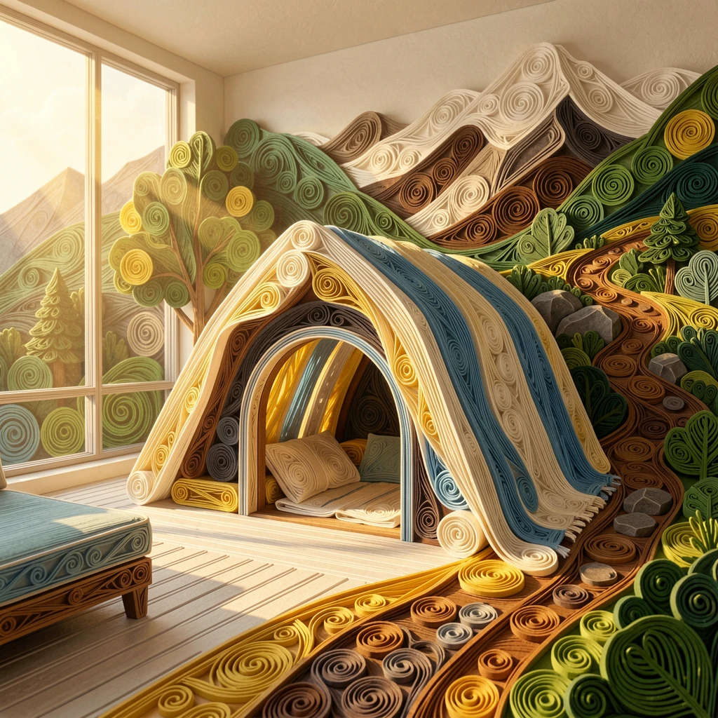 a cozy blanket fort built in a living room, along a scenic mountain hiking trail, composed with clean modern lines and open space, with soft golden afternoon light throughout.