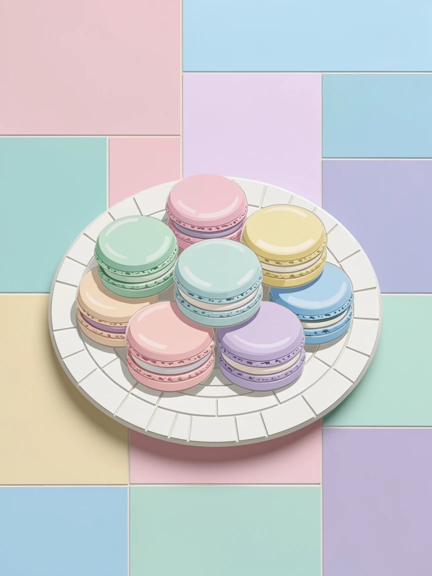 A plate of delicate French macarons in pastel colors.