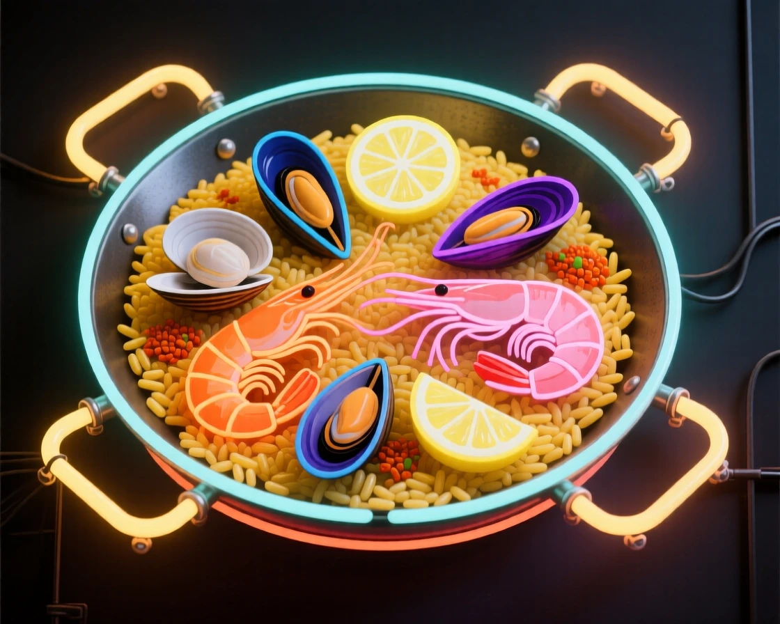 A rustic paella pan filled with saffron rice and fresh seafood.