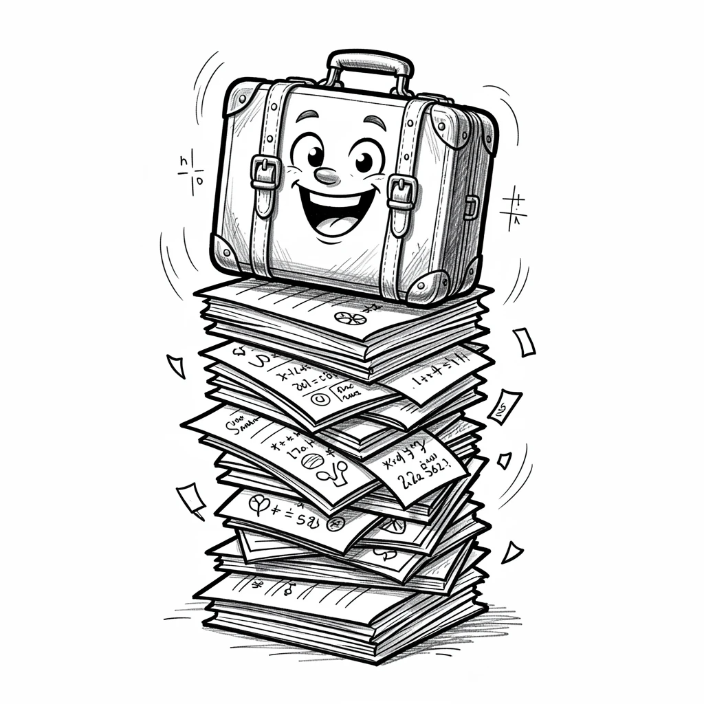 A suitcase eagerly packed for a trip on a stack of homework.