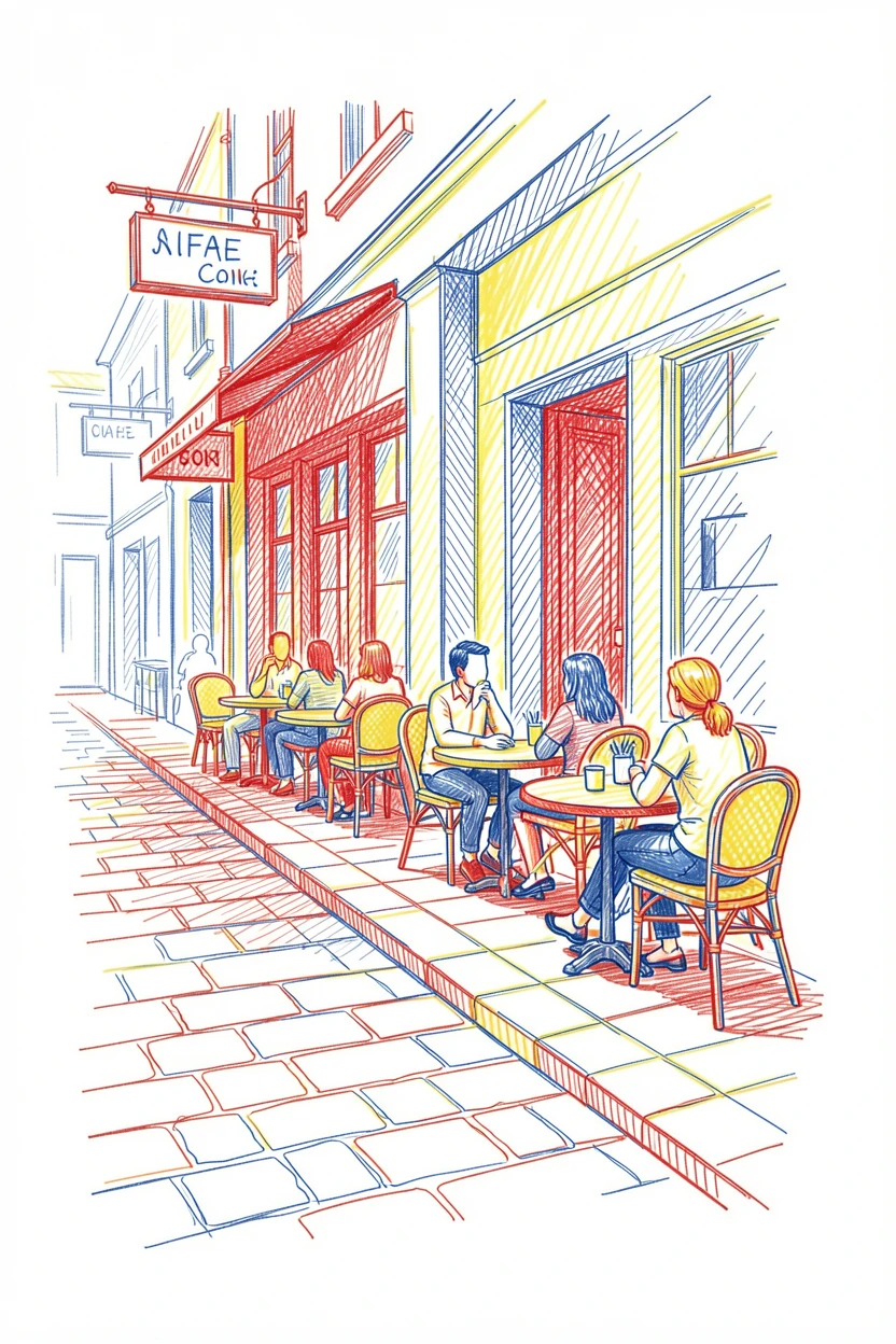 A cozy café with outdoor seating spilling onto a narrow cobblestone lane
