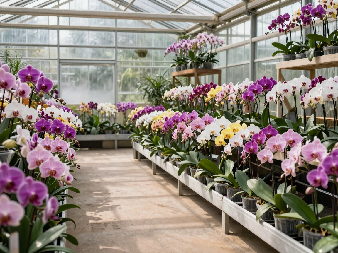 A greenhouse filled with rows of blooming orchids