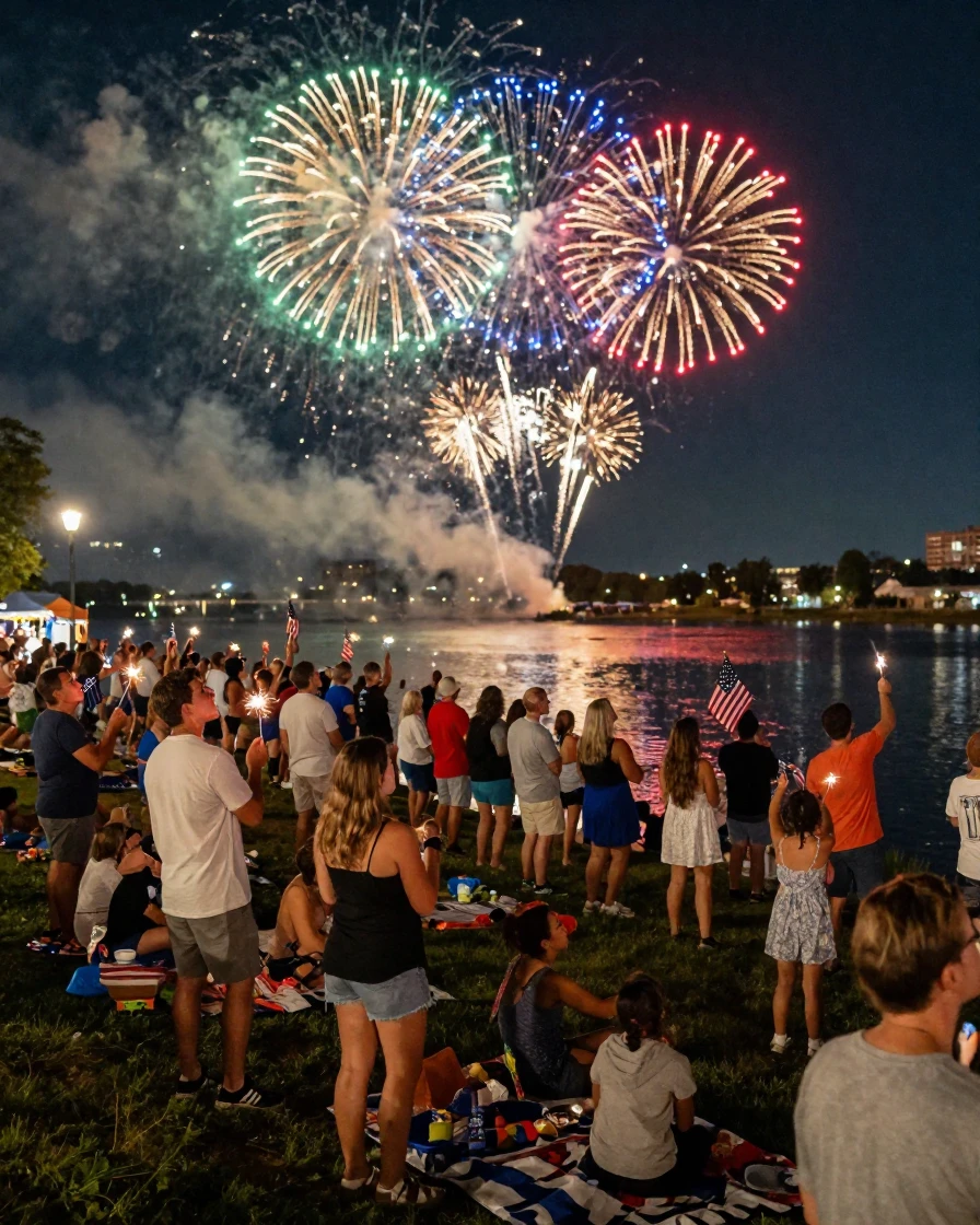 Fireworks bloom in layered colors above a packed riverside crowd on a summer night.