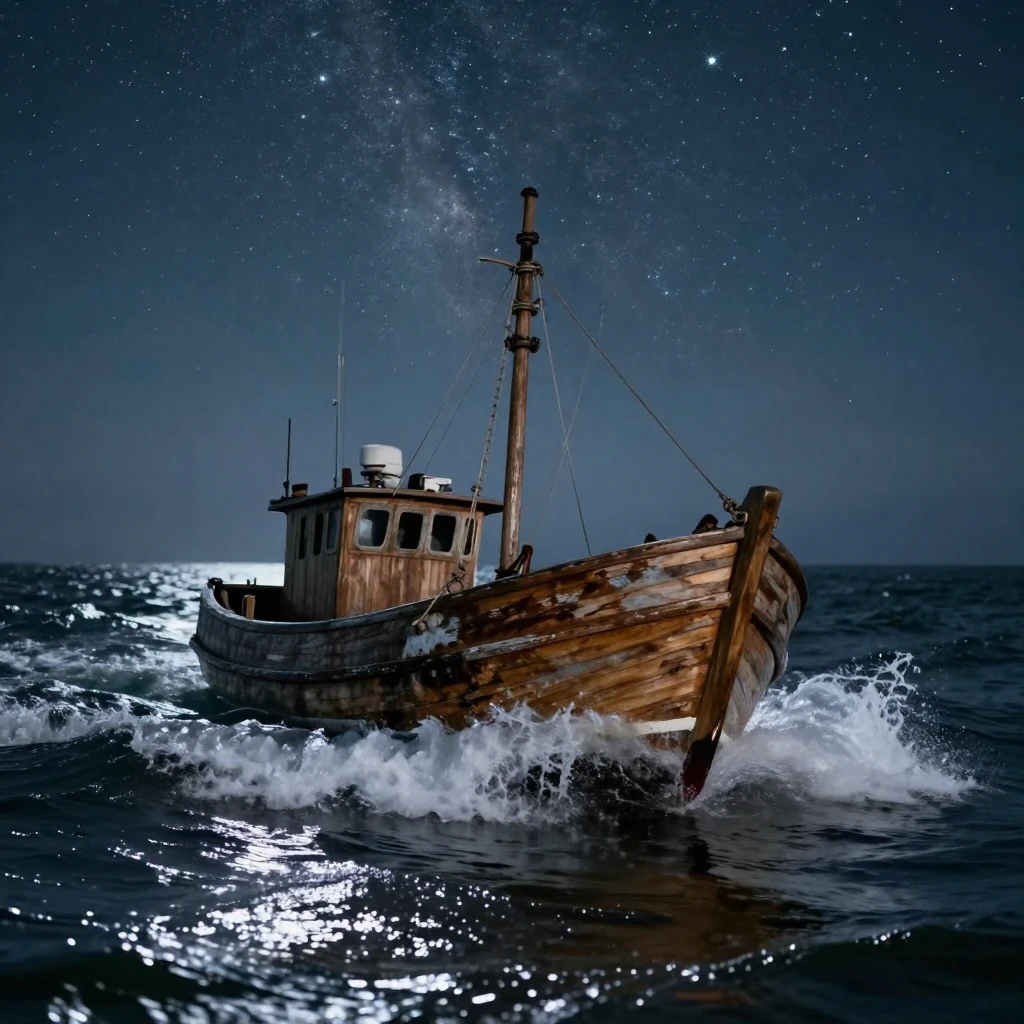 A wooden fishing boat cutting through choppy ocean waves beneath a canopy of stars
