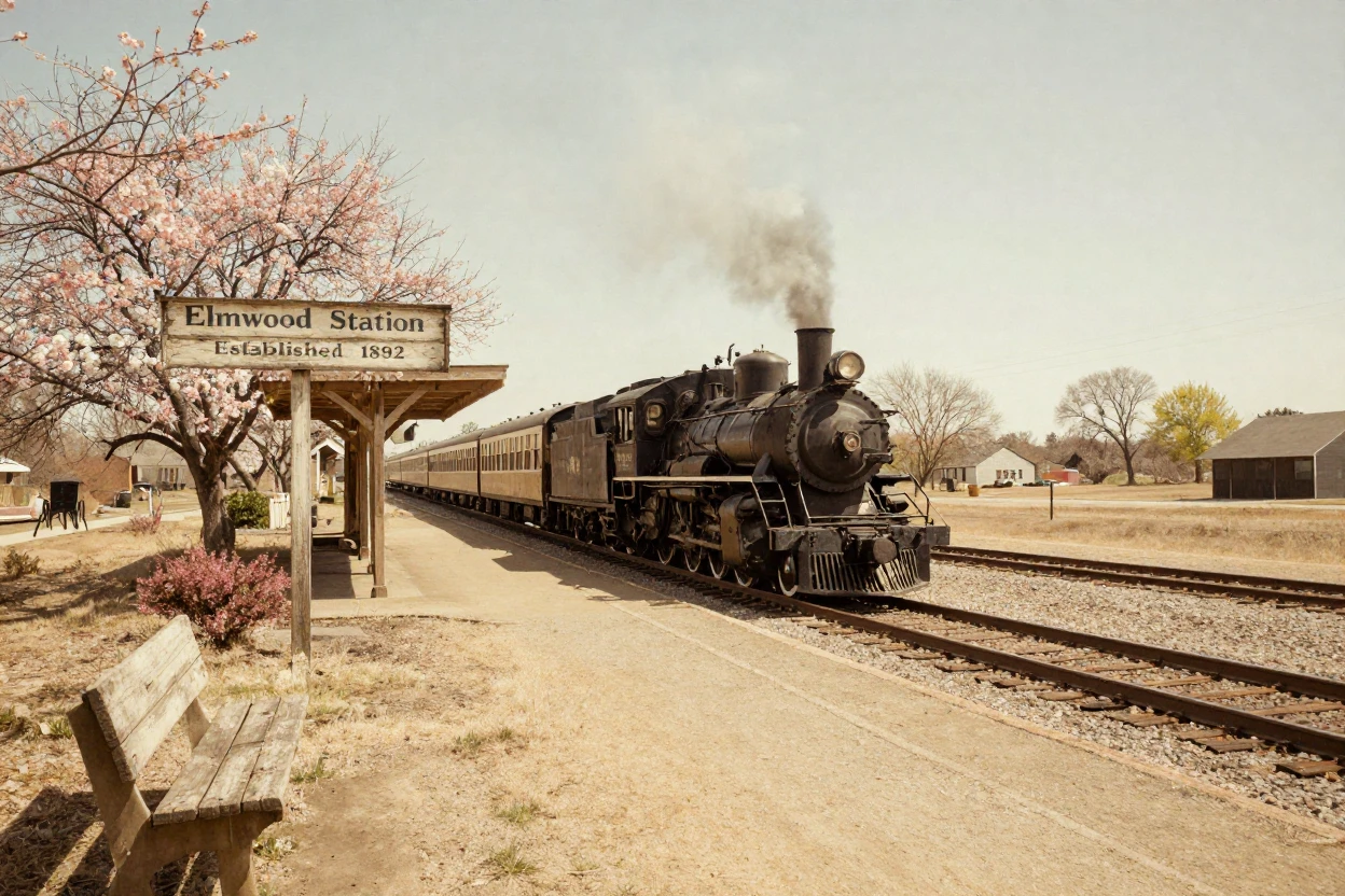 A vintage steam locomotive pulling into a quiet countryside station, under harsh midday sun, as heat shimmers over the ground, as spring blossoms unfurl, in warm honey and cream tones, from a wide establishing view.
